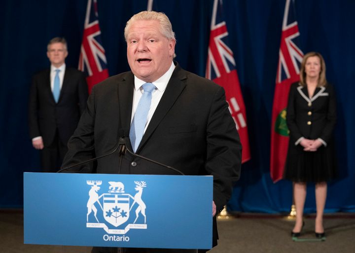 Ontario Premier Doug Ford takes questions during his daily briefing on the novel coronavirus pandemic at Queen's Park in Toronto on May 11, 2020. THE CANADIAN PRESS
