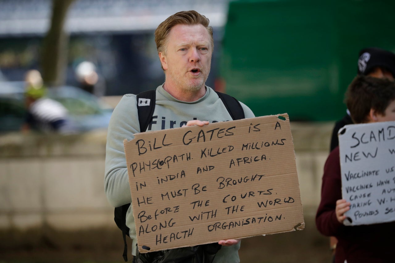 One of the protester's at a recent anti-lockdown, anti-vaccine, anti-5G protest near Scotland Yard in London.