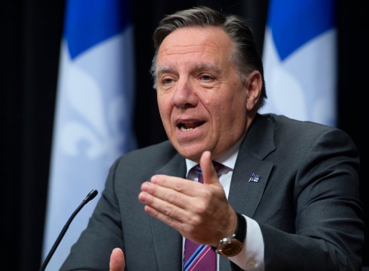 Quebec Premier Francois Legault responds to reporters during a news conference on the COVID-19 pandemic on May 11, 2020 at the legislature in Quebec City.
