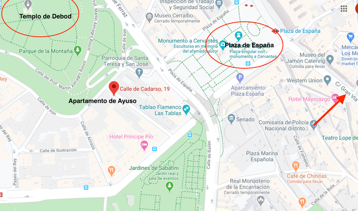 Ubicación del apartamento en el que está confinada Díaz Ayuso en el centro de Madrid. 