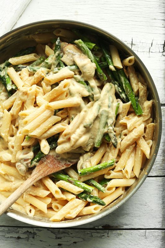 Get the Creamy Mushroom and Asparagus Pasta recipe from Minimalist Baker.﻿