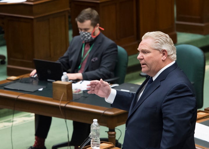 Ontario Premier Doug Ford speaks at the legislature during the COVID-19 pandemic in at Queen's Park in Toronto on May 12, 2020.