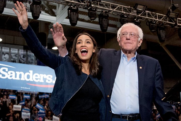 Sen. Bernie Sanders (I-Vt.) and Rep. Alexandria Ocasio-Cortez (D-N.Y.) at a campaign stop in Durham, New Hampshire, on Feb. 10. Sanders ended his Democratic presidential run on April 8.