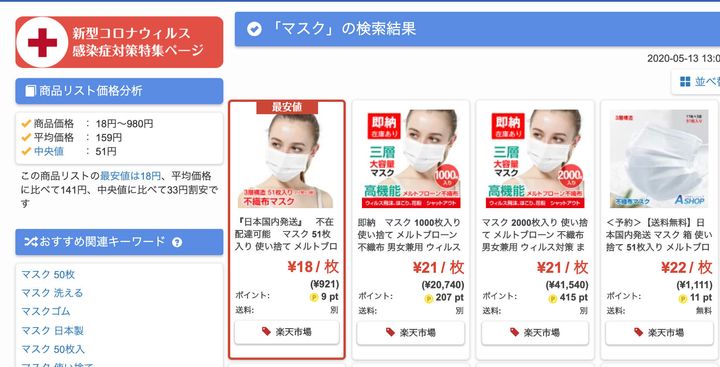 「マスク通販最安値.com」で見られるマスクの最安値（5月13日13時時点）