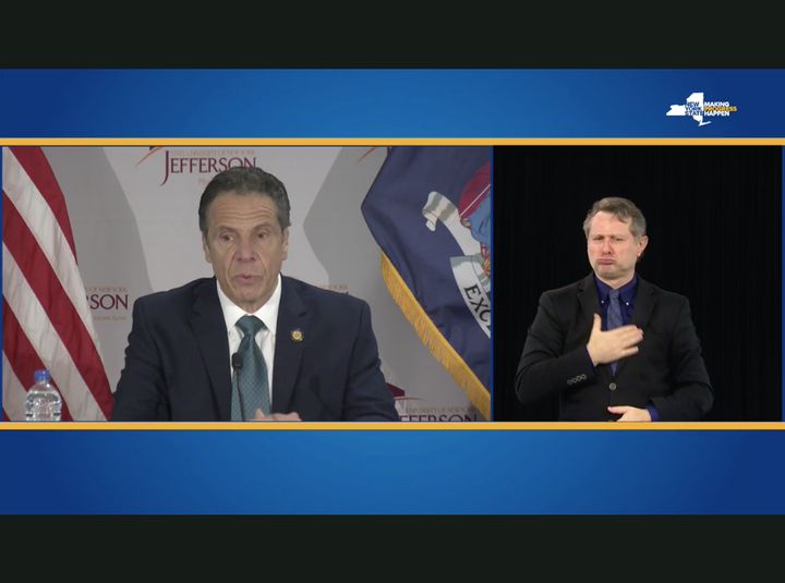Faced with a lawsuit, New York Gov. Andrew Cuomo (D) on Wednesday finally began providing an on-screen American Sign Language interpreter for his widely watched daily briefings on the state's efforts to stem the coronavirus pandemic.