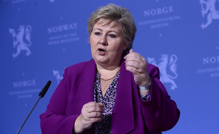 Norway's Prime Minister, Erna Solberg, speaks at a press conference in Oslo, Norway, March 16, 2020. Norway’s $1 trillion wealth fund is excluding some of the world’s biggest commodities, oil and gas firms from its portfolio.