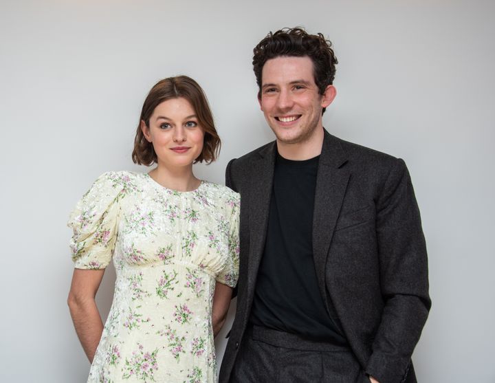 Emma Corrin, cast as Princess Diana, and Josh O'Connor, who plays Prince Charles, at the "The Crown" set on March 2 in London.
