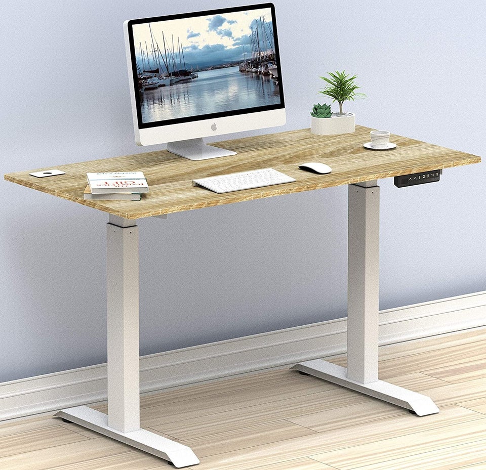 SHW 32-Inch Height Adjustable Standing Desk Converter Riser Workstation  with Drawer, White 