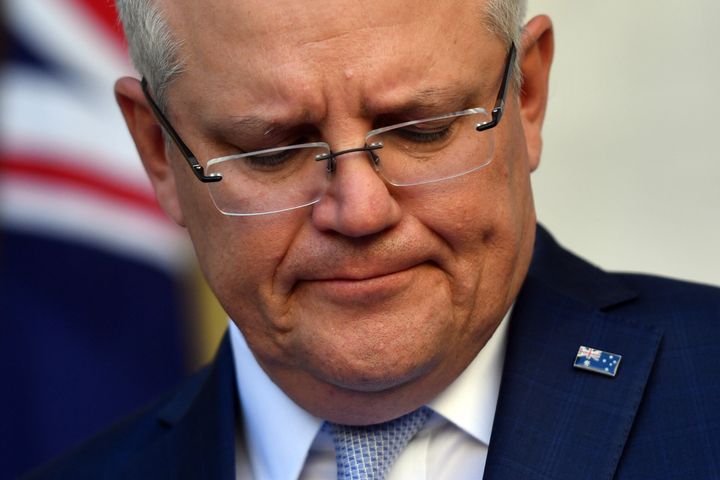 CANBERRA, AUSTRALIA - MAY 14: Prime Minister Scott Morrison reacts during a press conference in the Prime Ministers Courtyard at Parliament House on May 14, 2020 in Canberra, Australia. Australia's unemployment rate has recorded its biggest monthly rise ever, as 594,300 people lost jobs in April as coronavirus (COVID-19) restrictions shut thousands of businesses around the country and affected many more. The official jobless rate published by Australian Bureau of Statistics (ABS) has now climbed to 6.2 per cent. (Photo by Sam Mooy/Getty Images)