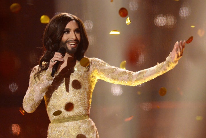 Conchita Wurst representing Austria performs the song "Rise Like A Phoenix" after winning the Eurovision Song Contest 2014 Grand Final in Copenhagen, Denmark, on May 10, 2014. AFP PHOTO/JONATHAN NACKSTRAND (Photo credit should read JONATHAN NACKSTRAND/AFP via Getty Images)