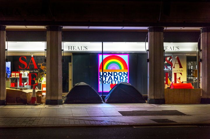 The entrance to Heal's Store in London last month – deserted but for homeless people's tents.
