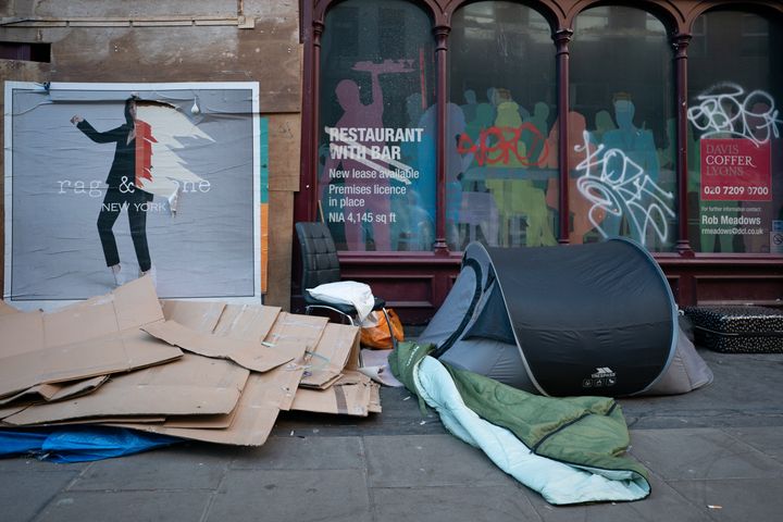 A homeless person's tent in London in March.