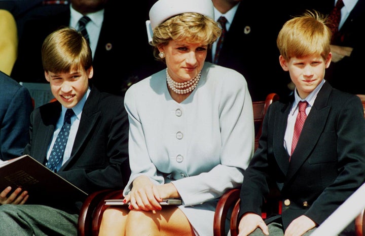 The Princess of Wales with her sons Prince William and Prince Harry attend the Heads of State VE Remembrance Service in Hyde Park on in May 1995.