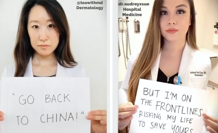 Joyce Park, a dermatologist, and Audrey Sue Cruz, an internal medicine hospitalist, hold up signs in a video put together by Asian American doctors to combat xenophobia.