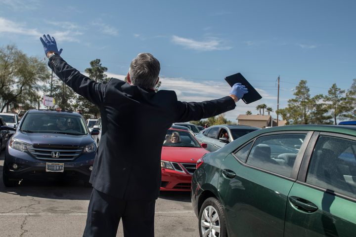 A pastor leads a drive-in Easter service during the coronavirus pandemic in Las Vegas, Nevada, on April 12.