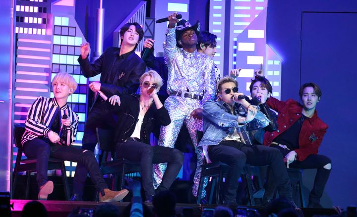 Lil Nas X, background center, and members of BTS perform "Old Town Road" at the 62nd annual Grammy Awards on Sunday, Jan. 26, 2020, in Los Angeles. (Photo by Matt Sayles/Invision/AP)