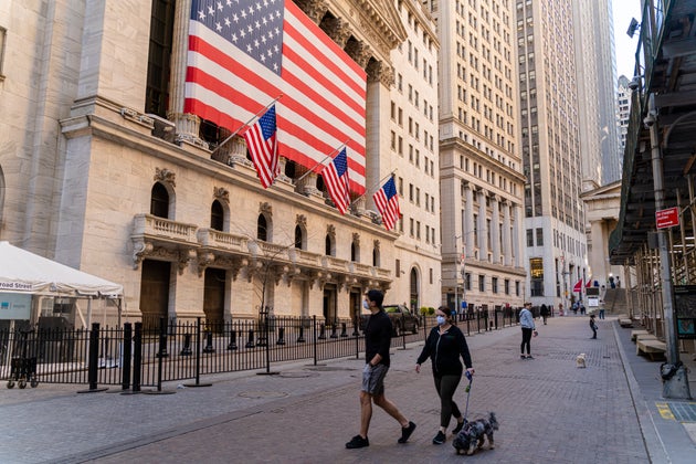 The New York Stock Exchange on Wall Street is deserted because of the COVID-19