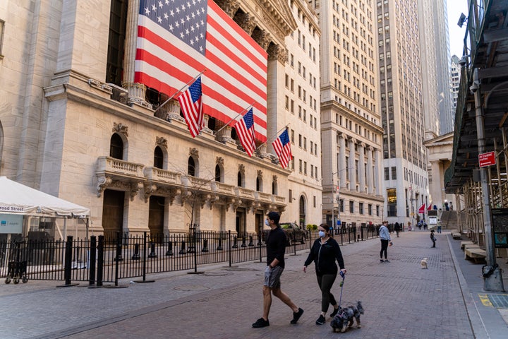 The New York Stock Exchange on Wall Street is deserted because of the COVID-19 pandemic. 