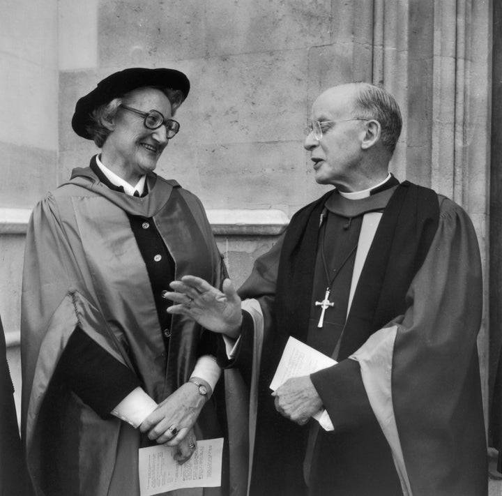 Dame Cicely Saunders receives her doctorate of medicine from Dr. Coggan, Archbishop of Canterbury, at Lambeth Palace in London on April 18,1977. (Photo by Frank Barratt/Keystone/Getty Images)