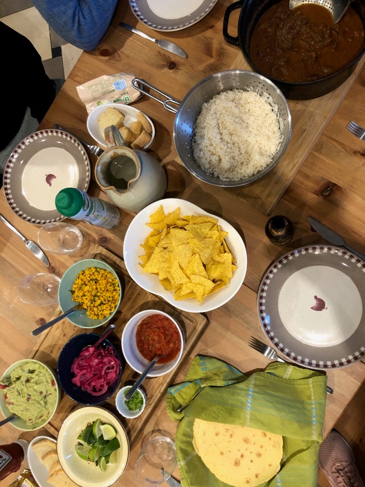 A Mexican feast that the author cooked for her "in-laws" on April 30, at their house in Alsace, France.