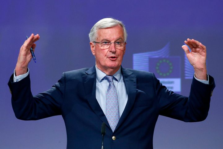 The European Union's chief Brexit negotiator Michel Barnier speaks during a media conference following the third round of Brexit talks between the EU and Britain.