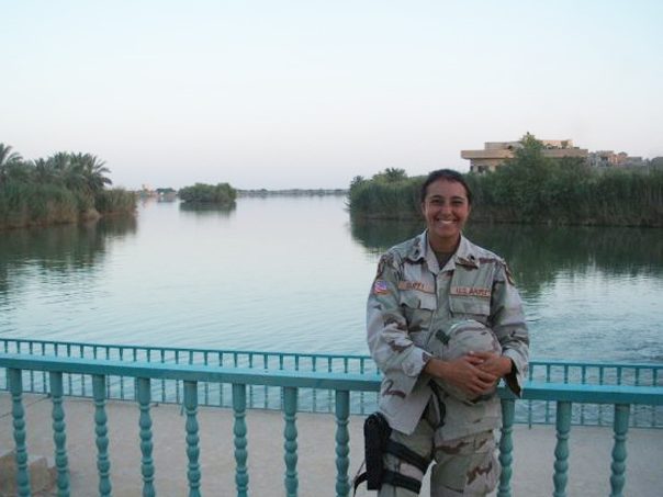 Duffy deployed in Iraq in 2005, pictured in front of a palace in Tikrit.