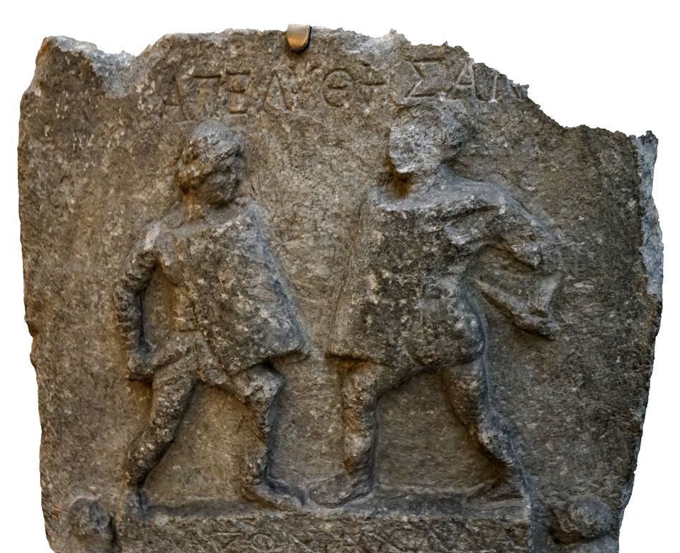 Marble relief depicting two female gladiators, Amazon and Achilia, from Halicarnassus. Dated 1st Century. (Photo by: Universal History Archive/Universal Images Group via Getty Images)