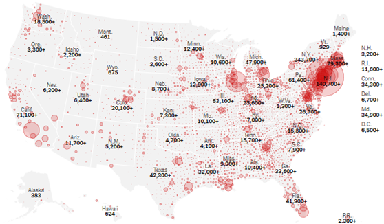 Ο Κορωνοϊός στις ΗΠΑ, υπόθεση των ‘παγκόσμιων πόλεων’: Τα περισσότερα κρούσματα εντοπίζονται στις πολιτείες που έχουν την μεγαλύτερη υπερεθνική κινητικότητα: Νέα Υόρκη (140.700), Καλιφόρνια (71.100) και Φλόριντα (41.900)