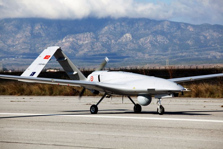 The Bayraktar TB2 drone is pictured on December 16, 2019 at Gecitkale Airport in Famagusta in the self-proclaimed Turkish Republic of Northern Cyprus (TRNC). - The Turkish military drone was delivered to northern Cyprus today amid growing tensions over Turkey's deal with Libya that extended its claims to the gas-rich eastern Mediterranean. The Bayraktar TB2 drone landed in Gecitkale Airport in Famagusta around 0700 GMT, an AFP correspondent said, after the breakaway northern Cyprus government approved the use of the airport for unmanned aerial vehicles. It followed a deal signed last month between Libya and Turkey that could prove crucial in the scramble for recently discovered gas reserves in the eastern Mediterranean. (Photo by Birol BEBEK / AFP) (Photo by BIROL BEBEK/AFP via Getty Images)
