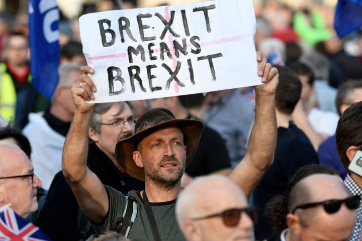 A protester seen holding a placard at a Leave Means Leave rally in London.