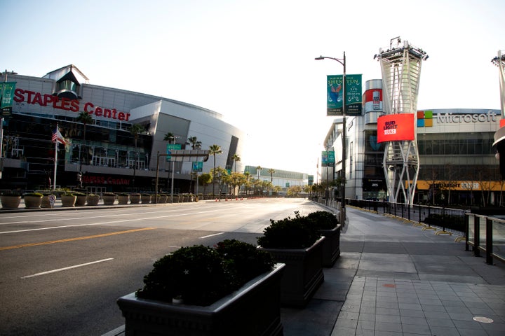 The empty streets outside the Staples Center and Microsoft Theater at LA Live on April 21 in Los Angeles, California.