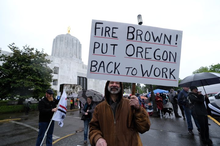 A protester at the Re-Open Oregon Rally on May 2, 2020, in Salem, Oregon. Demonstrators gathered at the state capitol to demand a reopening of the state and to protest Gov. Kate Brown's stay-at-home order which was put in place to slow the spread of the coronavirus.