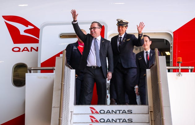 Qantas CEO Alan Joyce after landing the 'Project Sunrise' flight November 15, 2019 in Sydney, Australia - a London to Perth project that has been put on the back burner while the airline concentrates on reopening interstate travel in Australia. (Photo by David Gray/Getty Images for Qantas)