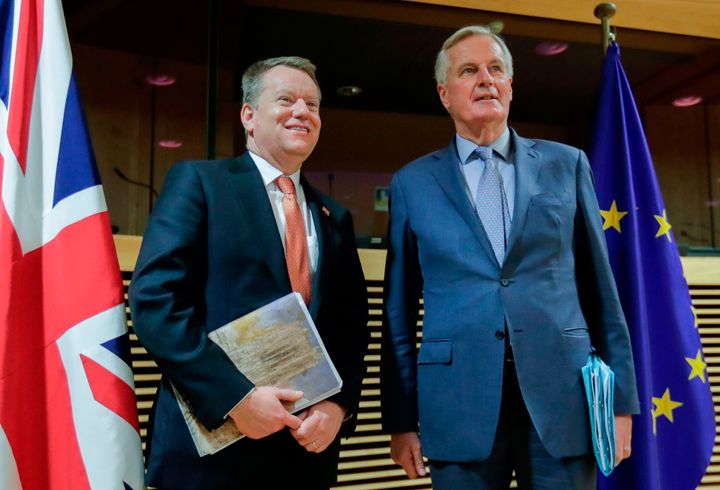 European Union chief Brexit negotiator Michel Barnier and the British prime minister's Europe adviser David Frost at start of the first round of post-Brexit trade deal talks