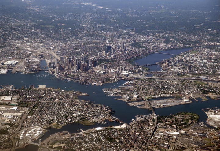 An aerial view of the greater Boston area on June 4, 2013. The city proper is small compared with its surrounding suburbs.