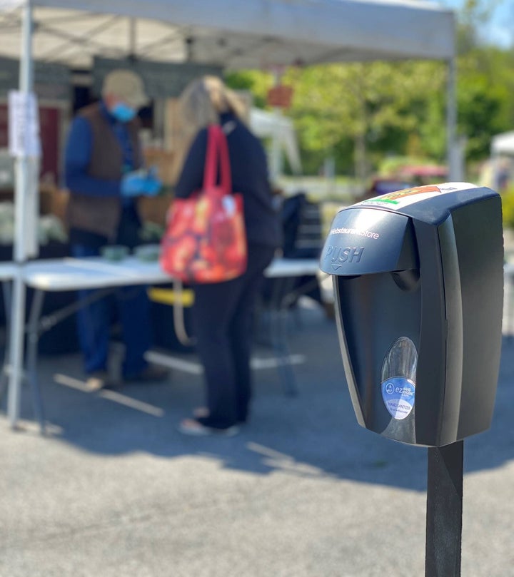 Hand sanitizing stations are easy to find at the Lafayette and West Lafayette farmers markets in Indiana.