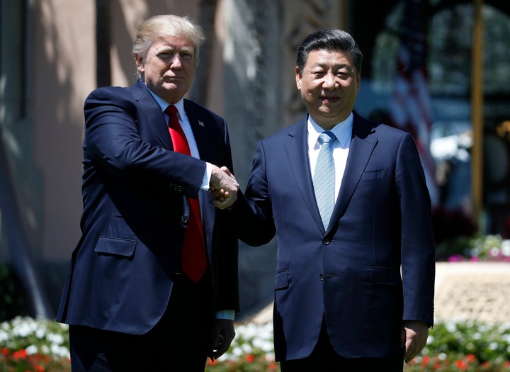 U.S. President Donald Trump and Chinese President Xi Jinping shake hands after a bilateral meeting at Mar-a-Lago on April 7, 2017, in Palm Beach, Florida.