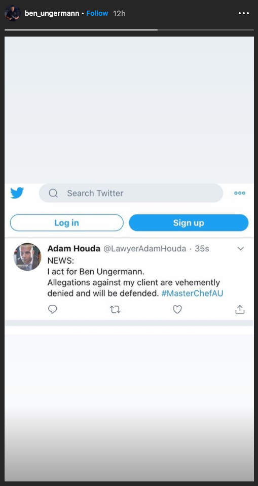 Ben Ungermann shared a tweet published by lawyer Adam Houda on his Instagram story on Tuesday.