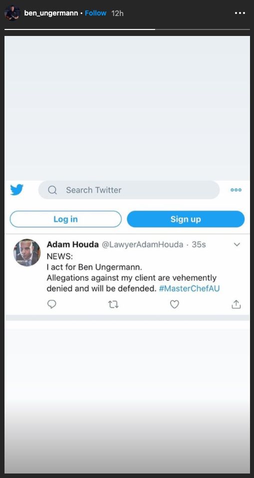 Ben Ungermann shared a tweet published by lawyer Adam Houda on his Instagram story on Tuesday. 