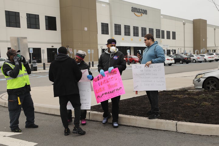 Amazon employees protest inadequate health and safety measures amid the coronavirus pandemic at the company's Staten Island distribution facility on March 30.