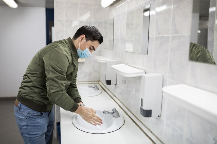 Wash your hands thoroughly when using a public restroom. Don't forget your mask, either.&nbsp;