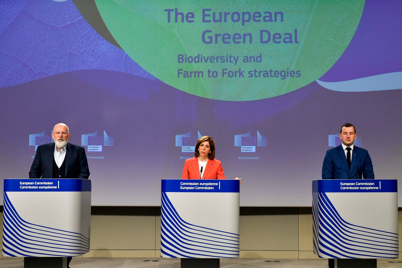 European Commissioners for European Green Deal Frans Timmermans, for Health Stella Kyriakides and for Environment and Oceans Virginijus Sinkevicius, from left, talk to journalists during on joint press conference on The European Green Deal Biodiversity and Farm to Fork Strategies at the EU headquarters in Brussels, Wednesday, May 20.