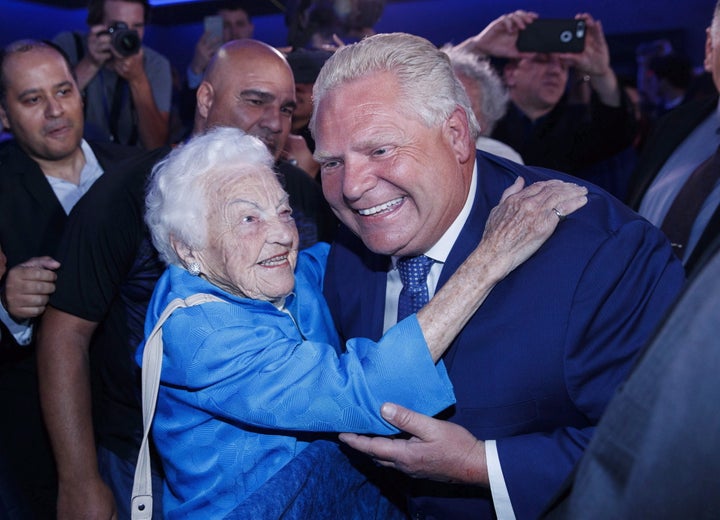 Ontario Premier Doug Ford is congratulated by former Mississauga mayor Hazel McCallion in Toronto after winning election on June 7, 2018.