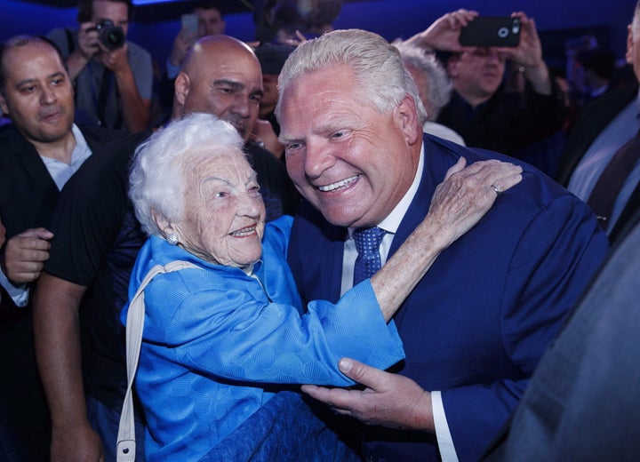 Ontario Premier Doug Ford is congratulated by former Mississauga mayor Hazel McCallion in Toronto after winning election on June 7, 2018. 