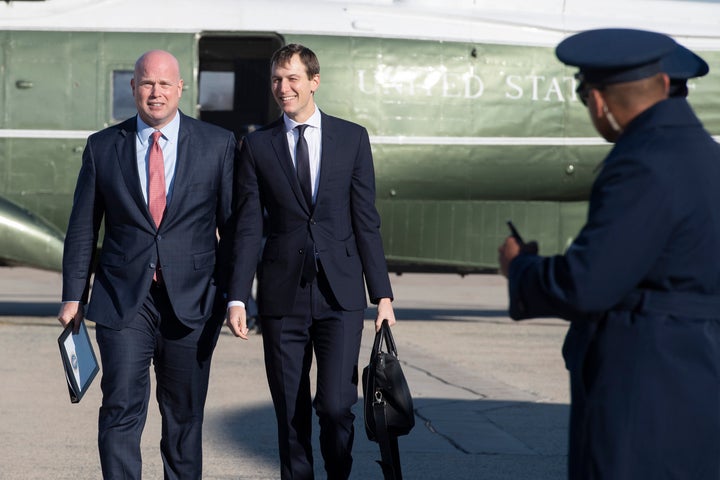 Matthew Whitaker walks with Jared Kushner at Andrews Air Force Base, Maryland, on December 7, 2018, as they accompany Donald