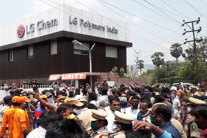 Residents protest in front of LG Polymers plant demanding justice to the gas leak victims, in Visakhapatnam, in Andhra Pradesh on May 9, 2020.