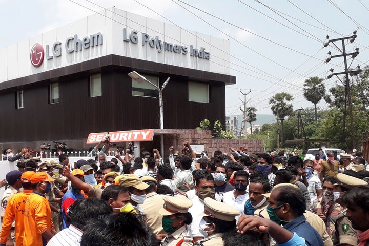 Residents protest in front of LG Polymers plant demanding justice to the gas leak victims, in Visakhapatnam, in Andhra Pradesh on May 9, 2020. 