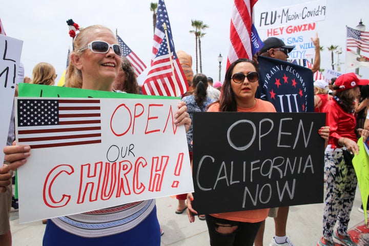 California residents staged a protest at Huntington Beach on May 9, 2020, to demand the reopening of the state's churches and