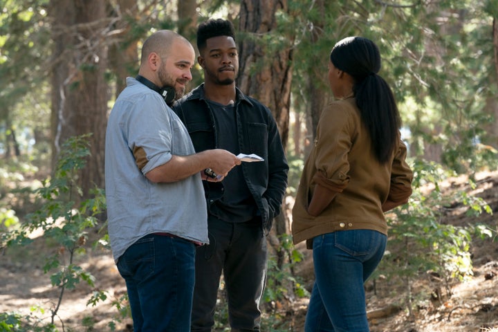 Kyle Patrick Alvarez, Stephan James and Janelle Monáe on the set of "Homecoming."