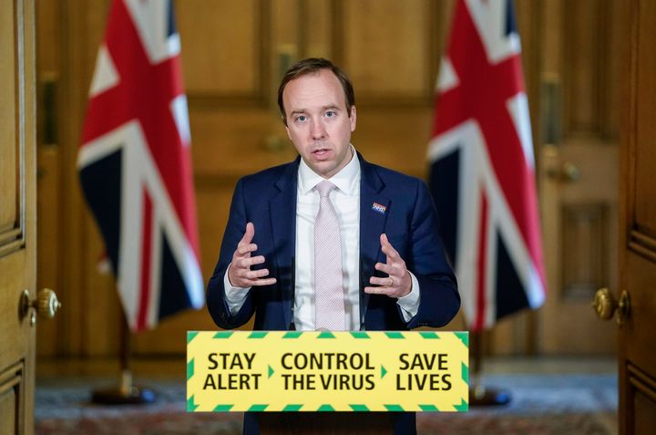 Health Secretary Matt Hancock speaks during a coronavirus media briefing in Downing Street, London, Friday May 15, 2020. (Andrew Parsons/10 Downing Street via AP)